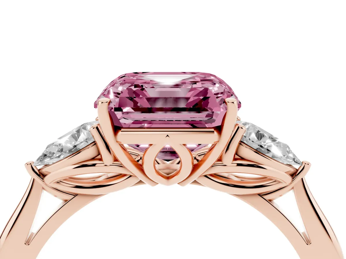 Fancy Pink Asscher Cut Diamond Three-Stone Ring with Pear Side Stones and Prong Setting Rose gold