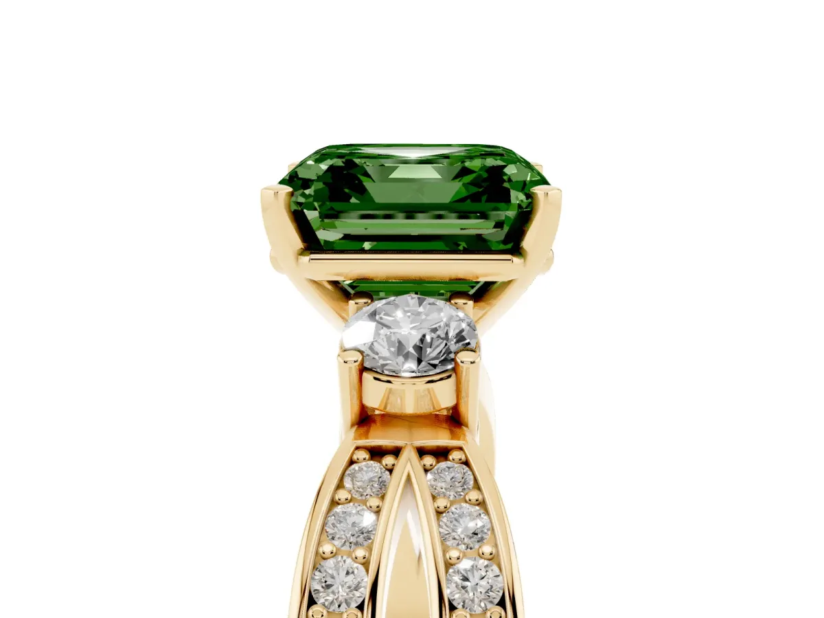 Fancy Green Three-Stone Asscher Cut Cut Diamond Twist Band with Prong Setting Yellow gold