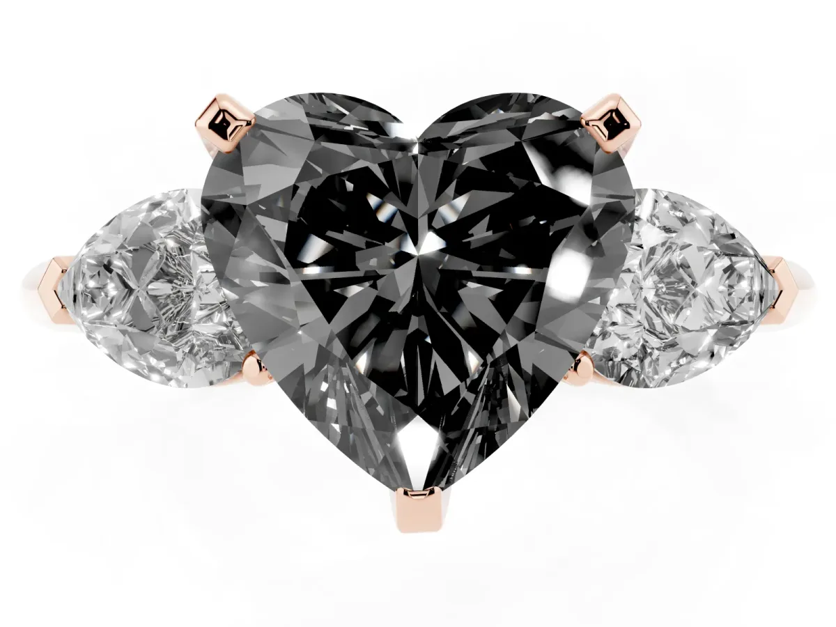 Fancy Black Three-Stone Heart Cut Diamond Ring with Pear Side Stones and Four-Prong Setting Rose gold
