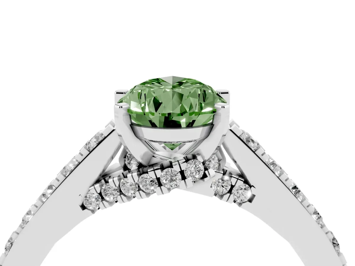 Fancy Green Pear Cut Diamond Solitaire Ring with Crossover Gallery and Round Pavé Band White gold