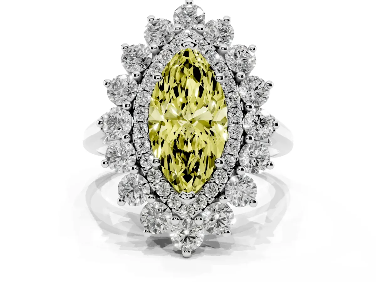 Fancy Yellow Marquise Cut Diamond Floral Double Halo Engagement Ring with Prong Setting Platinum