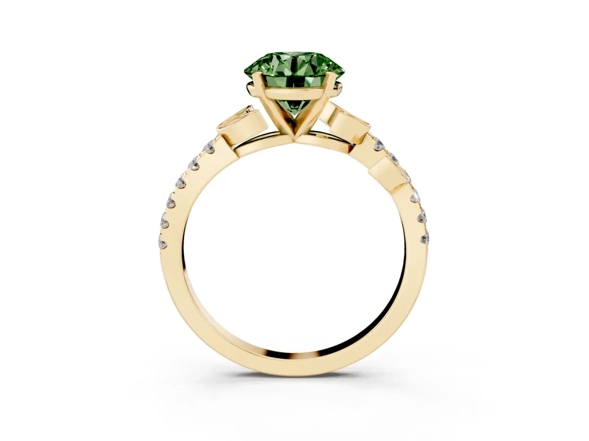 Fancy Green Round Cut Solitaire Leaf-Inspired Diamond Ring with Pavé Band and Four-Prong Setting Yellow gold