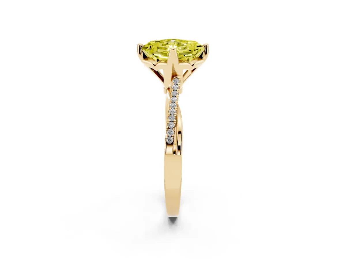 Fancy Yellow Asscher Cut Solitaire Twist Band with Pavé Diamonds and Four-Prong Setting Yellow gold
