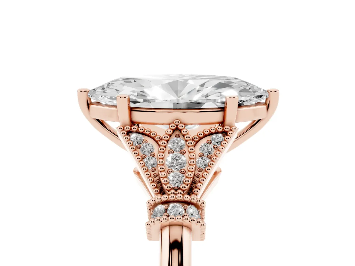 Marquise Cut Diamond Solitaire Ring with Floral Filigree and Pave Accents Rose gold