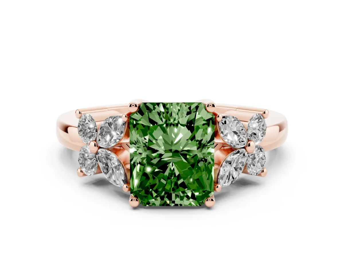 Fancy Green Radiant Cut Diamond Floral Cluster Ring with Solitaire Band and Prong Setting Rose gold