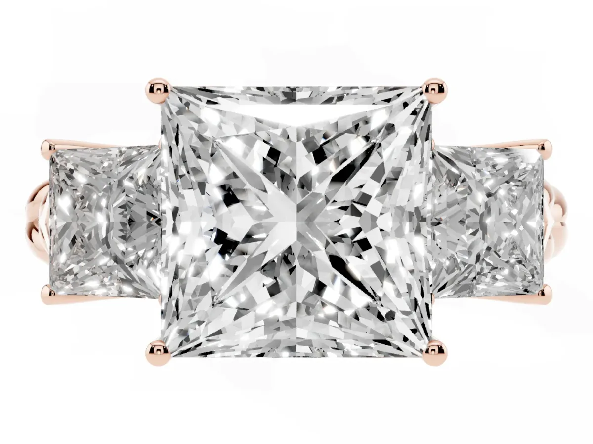 Three-Stone Princess Cut Diamond Braided Band Ring with Four-Prong Setting Rose gold