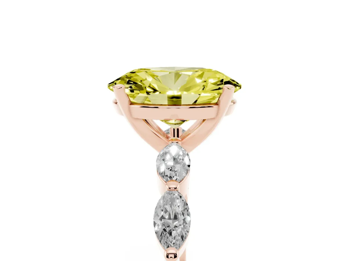 Fancy Yellow Oval Cut Diamond Ring with Marquise Side Stones and Prong Setting Rose gold