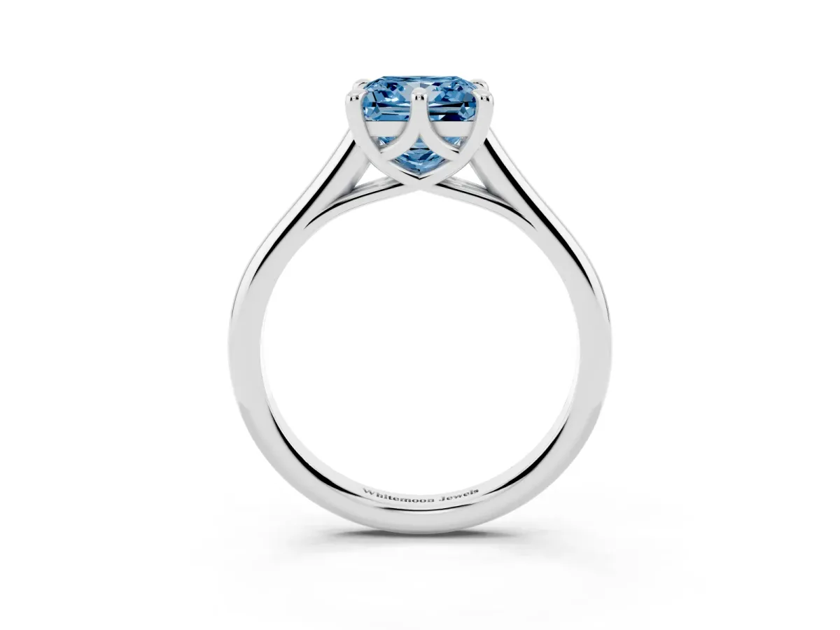 Fancy Blue Princess Cut Solitaire Engagement Ring with Six-Prong Setting and Classic Band Platinum