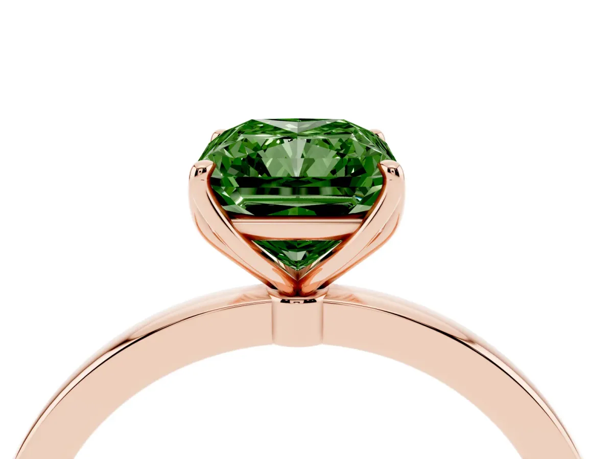 Fancy Green Radiant Cut Diamond Solitaire Ring with Thin Band and Prong Setting Rose gold