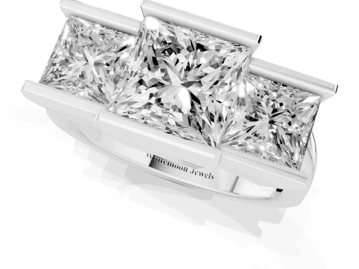 Three Stone Princess Cut Cut Channel Set Diamond Ring Silver