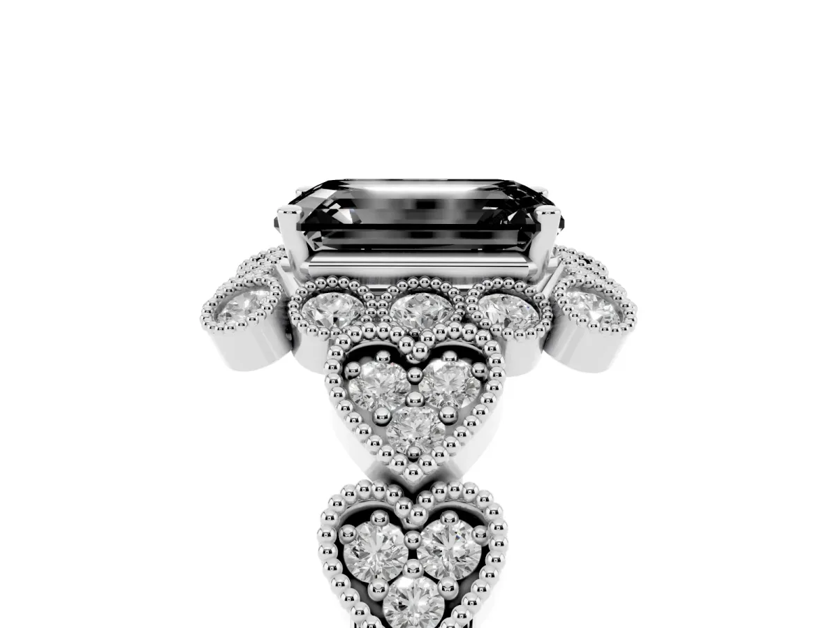 Fancy Black Emerald Cut Brilliant Milgrain Pave Heart Band Solitaire Ring Silver