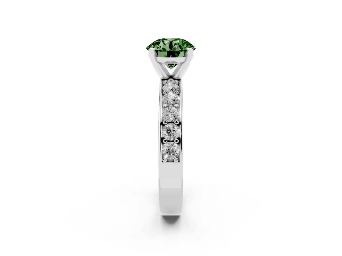Fancy Green Round Cut Diamond Engagement Ring with Channel Set Round Band and Prong Setting Silver