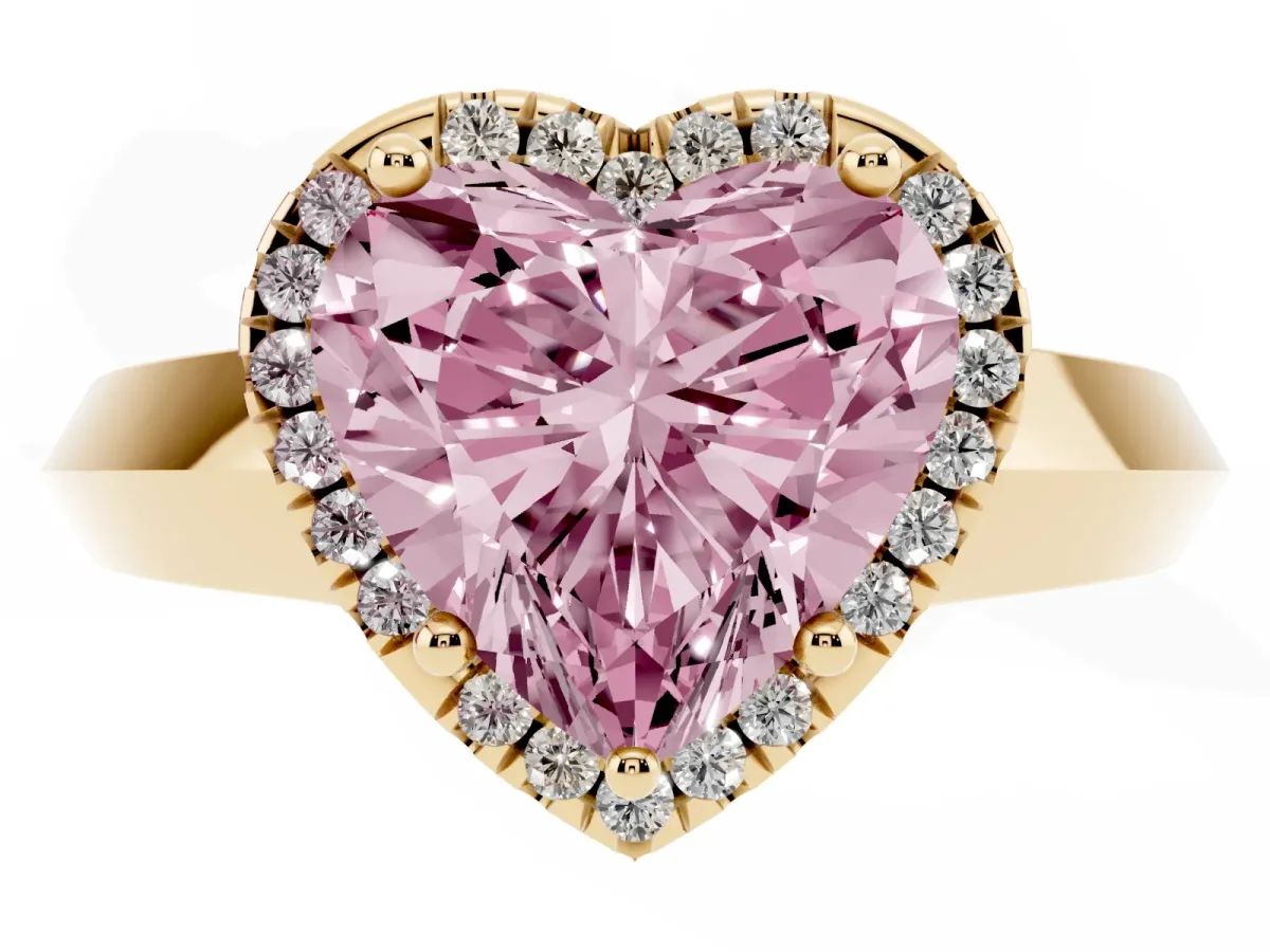 Fancy Pink Heart Cut Halo Diamond Ring with Cathedral Band and Four-Prong Setting Yellow gold