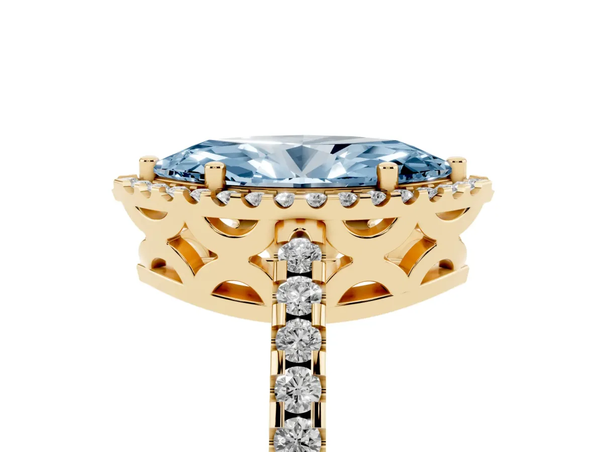 Fancy Blue Marquise Cut Diamond Halo Engagement Ring with Pavé Band and Prong Setting Yellow gold