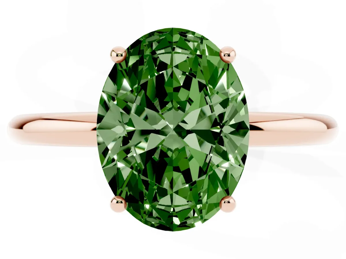 Fancy Green Oval Cut Solitaire Diamond Ring with a Classic Band and Four-Prong Setting Rose gold