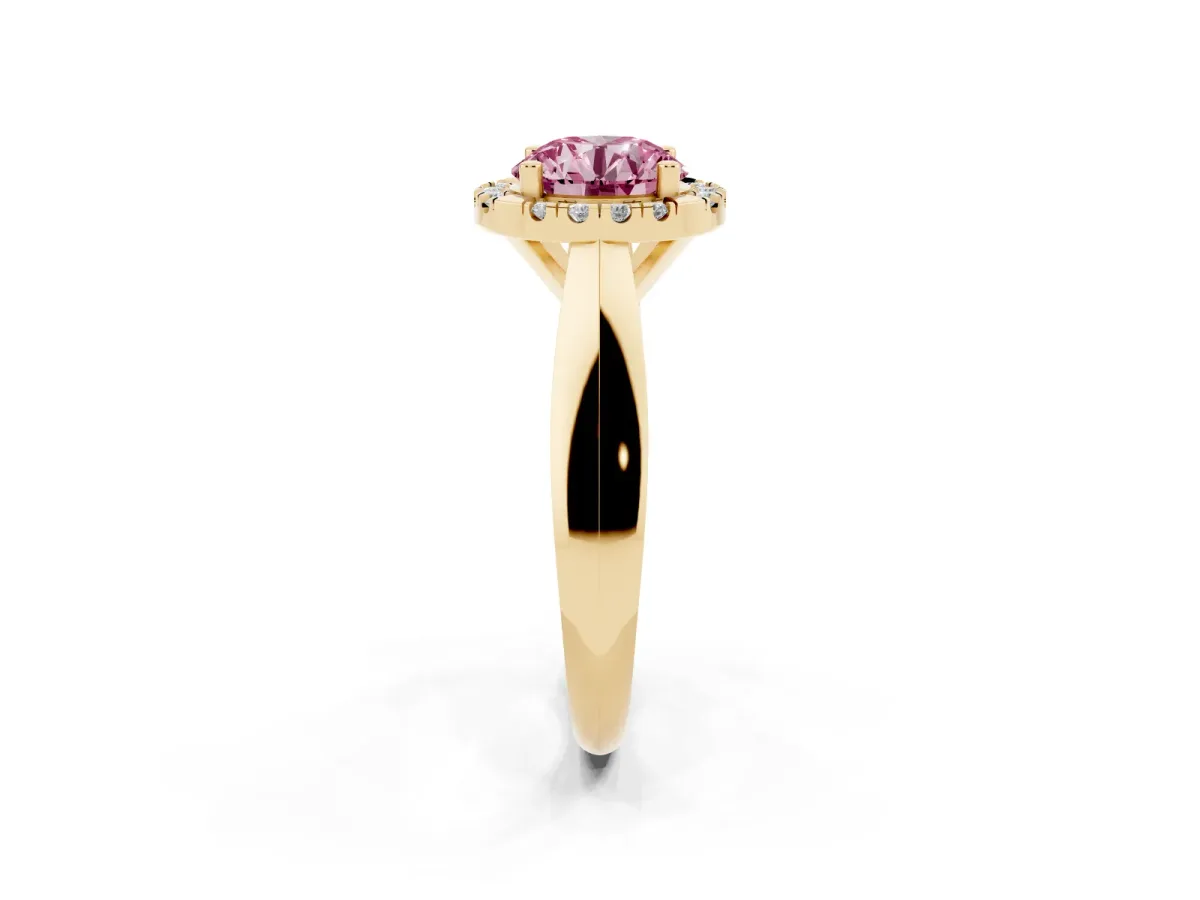 Fancy Pink Round Cut Cut Halo Solitaire Engagement Ring with Square Band and Four-Prong Setting Yellow gold