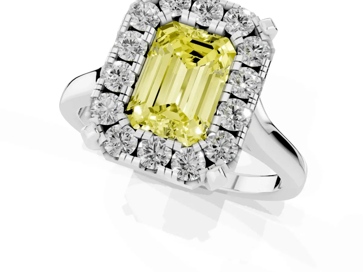 Fancy Yellow Emerald Cut Diamond Cluster Halo Solitaire with Four-Prong Setting Silver