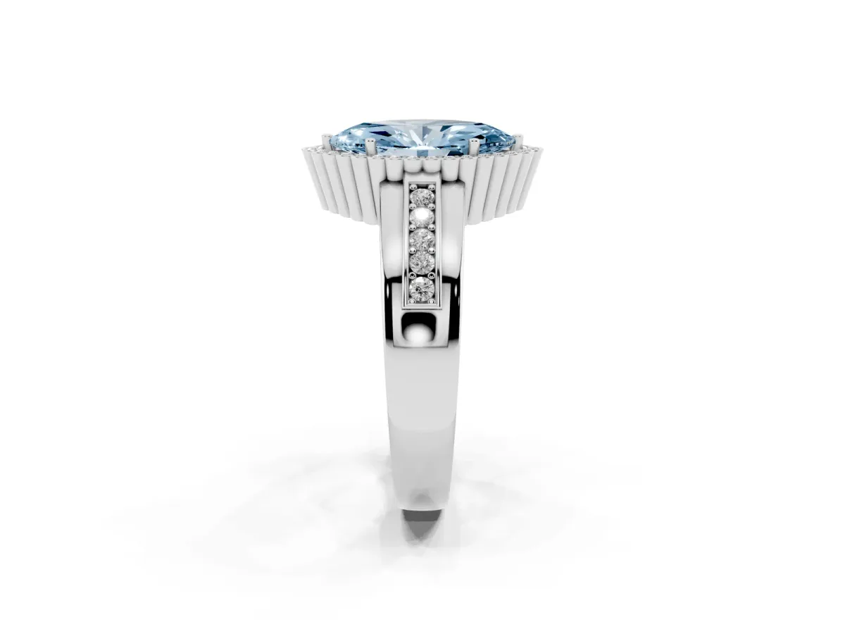 Fancy Blue Marquise Cut Cut Halo Pave Band Four-Prong Ring Silver