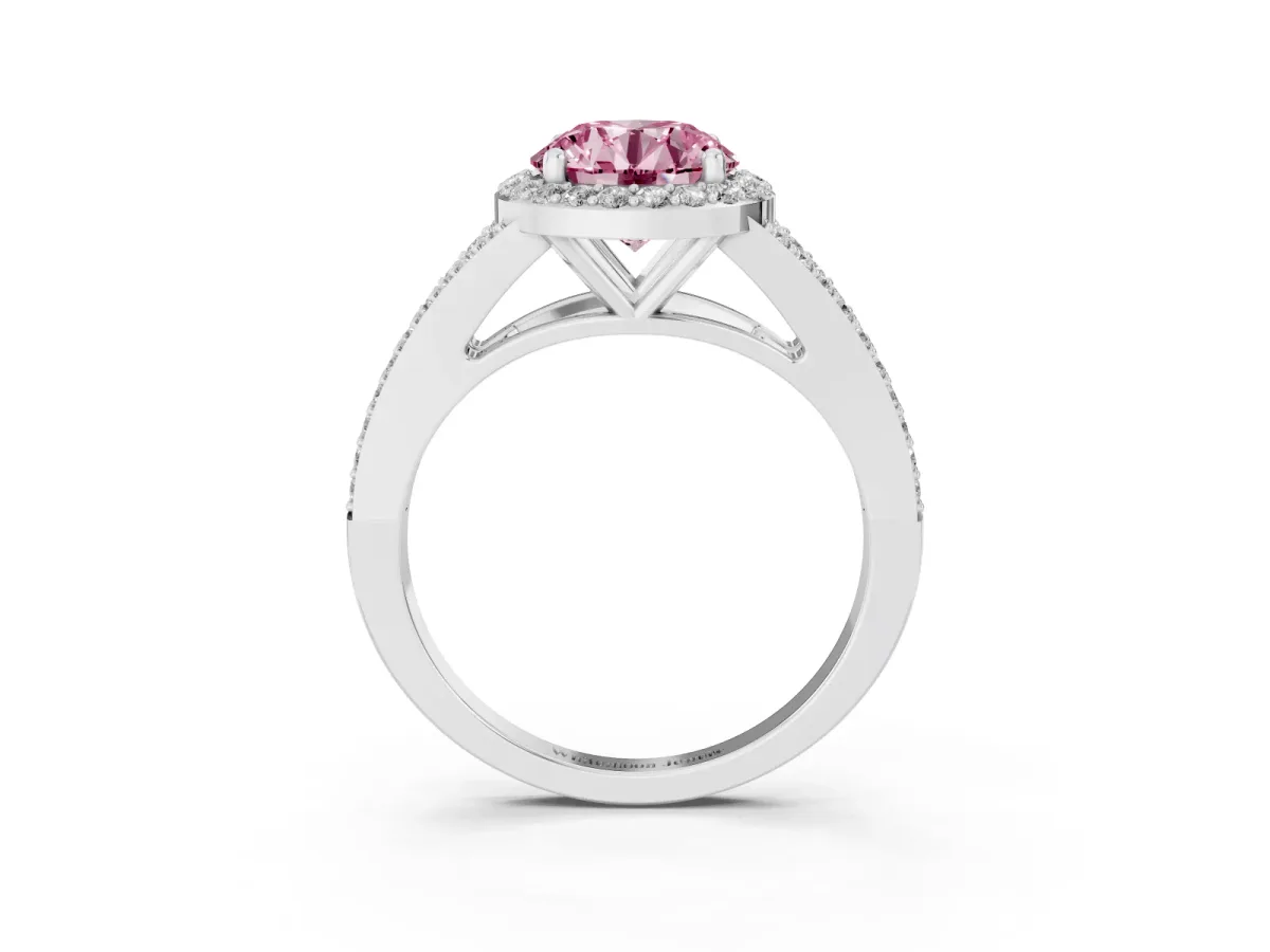 Fancy Pink Round Cut Halo Split Shank Pave Diamond Ring with Four-Prong Setting Silver