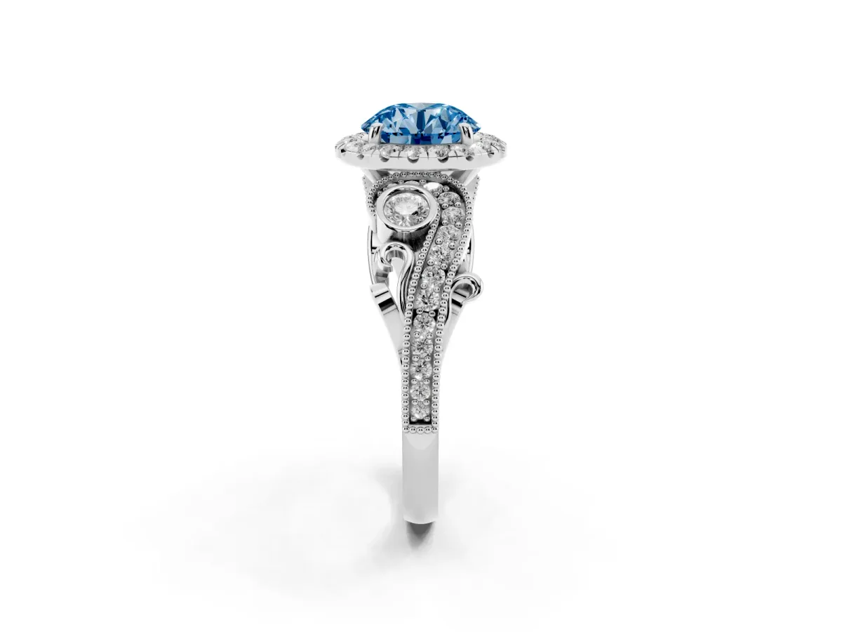 Fancy Blue Round Cut Halo Diamond Ring with Milgrain and Bezel Accents on a Split Shank Band White gold