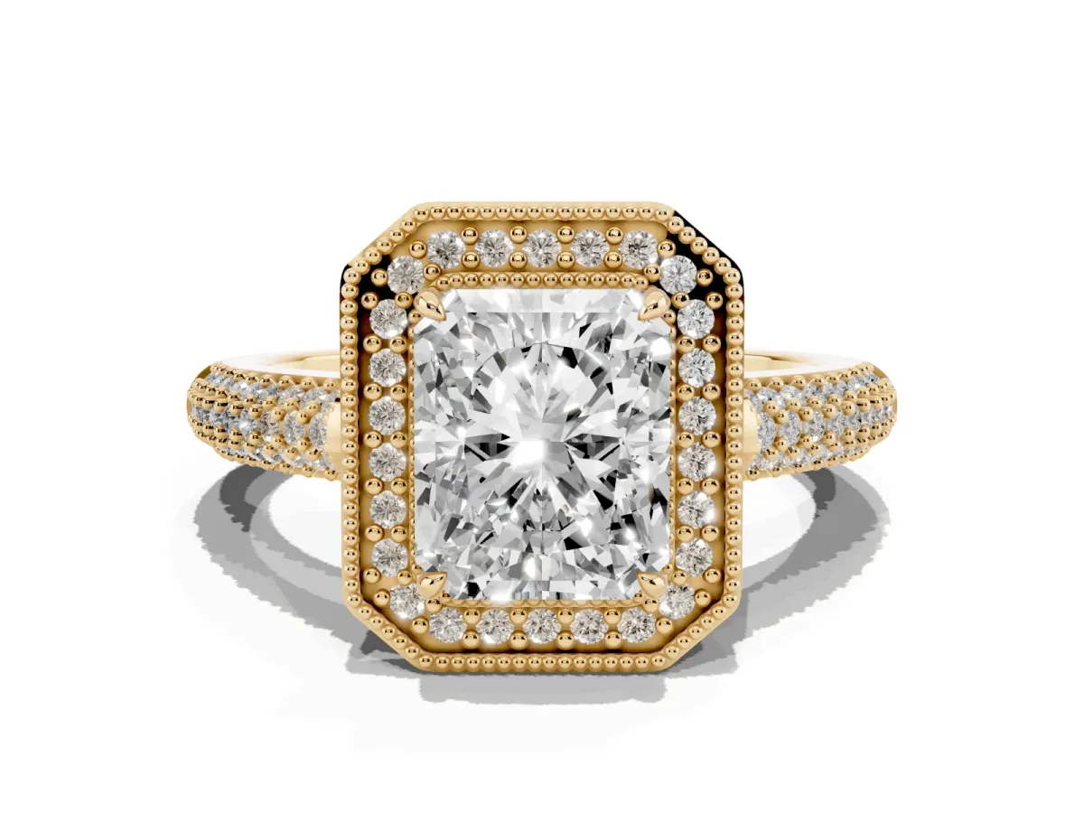 Radiant Cut Cut Halo Diamond Pave Band with Four-Prong Setting Yellow gold