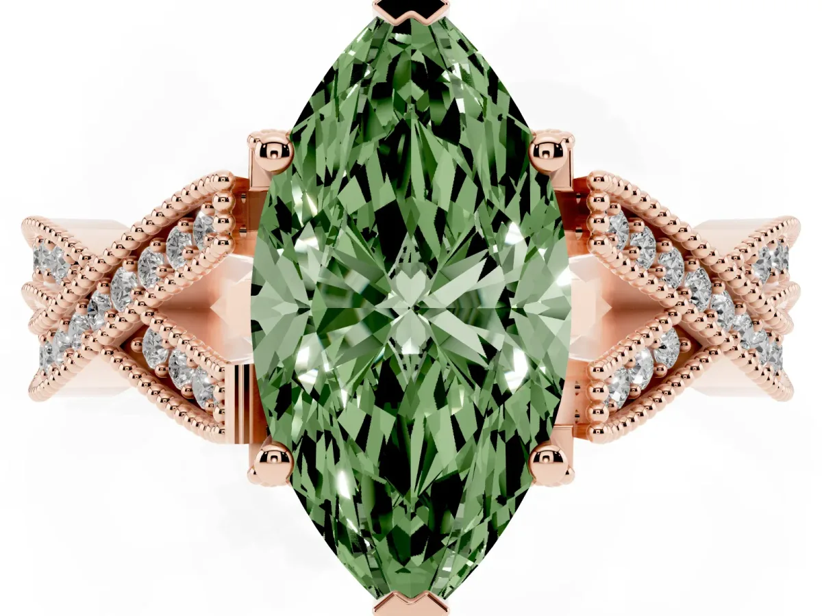 Fancy Green Marquise Cut Cut Diamond Twisted Band with Milgrain Pave Setting and Four-Prong Setting Rose gold