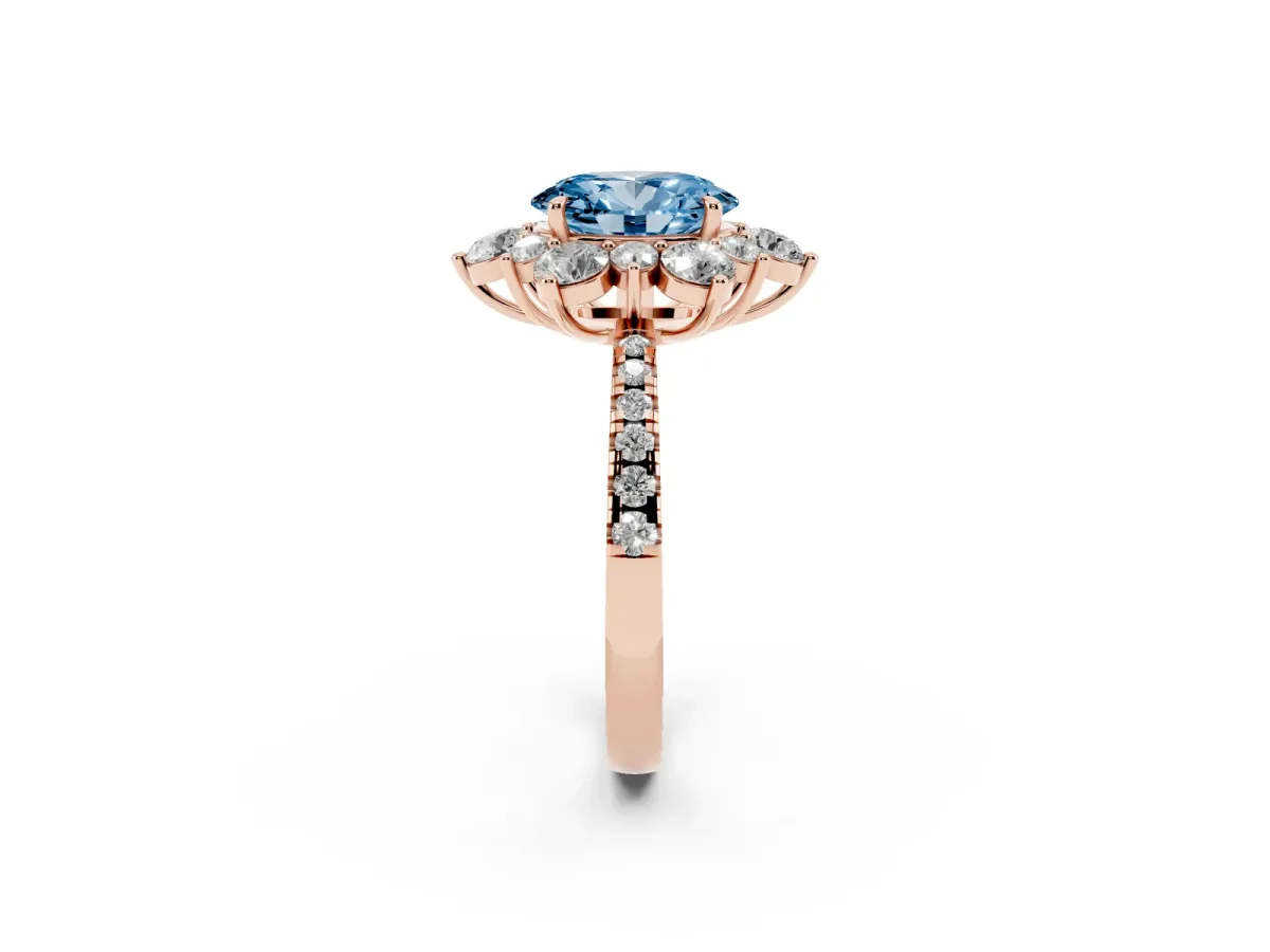 Fancy Blue Oval Cut Diamond Floral Halo Ring with Round Pavé Band and Prong Setting Rose gold