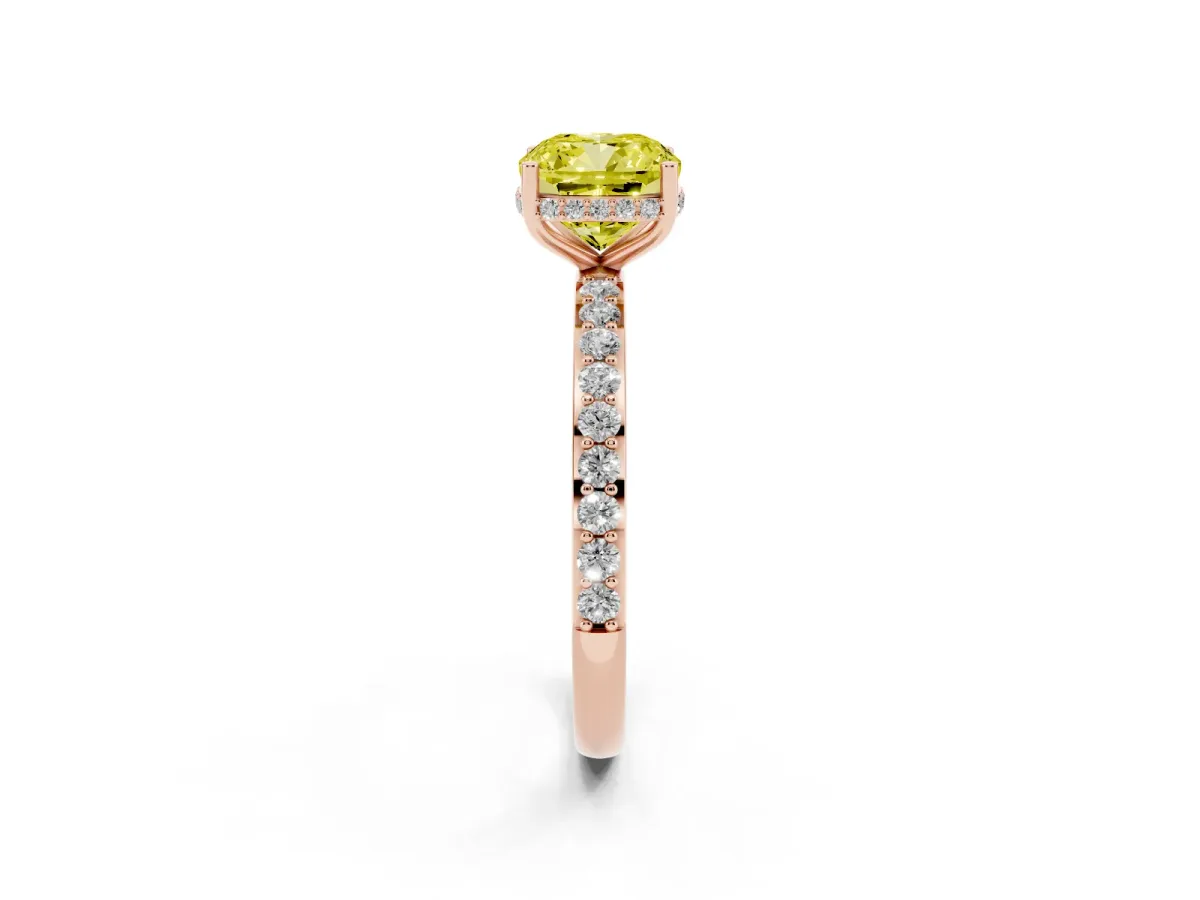 Fancy Yellow Cushion Cut Diamond Solitaire Ring with Pavé Band and Hidden Halo Rose gold
