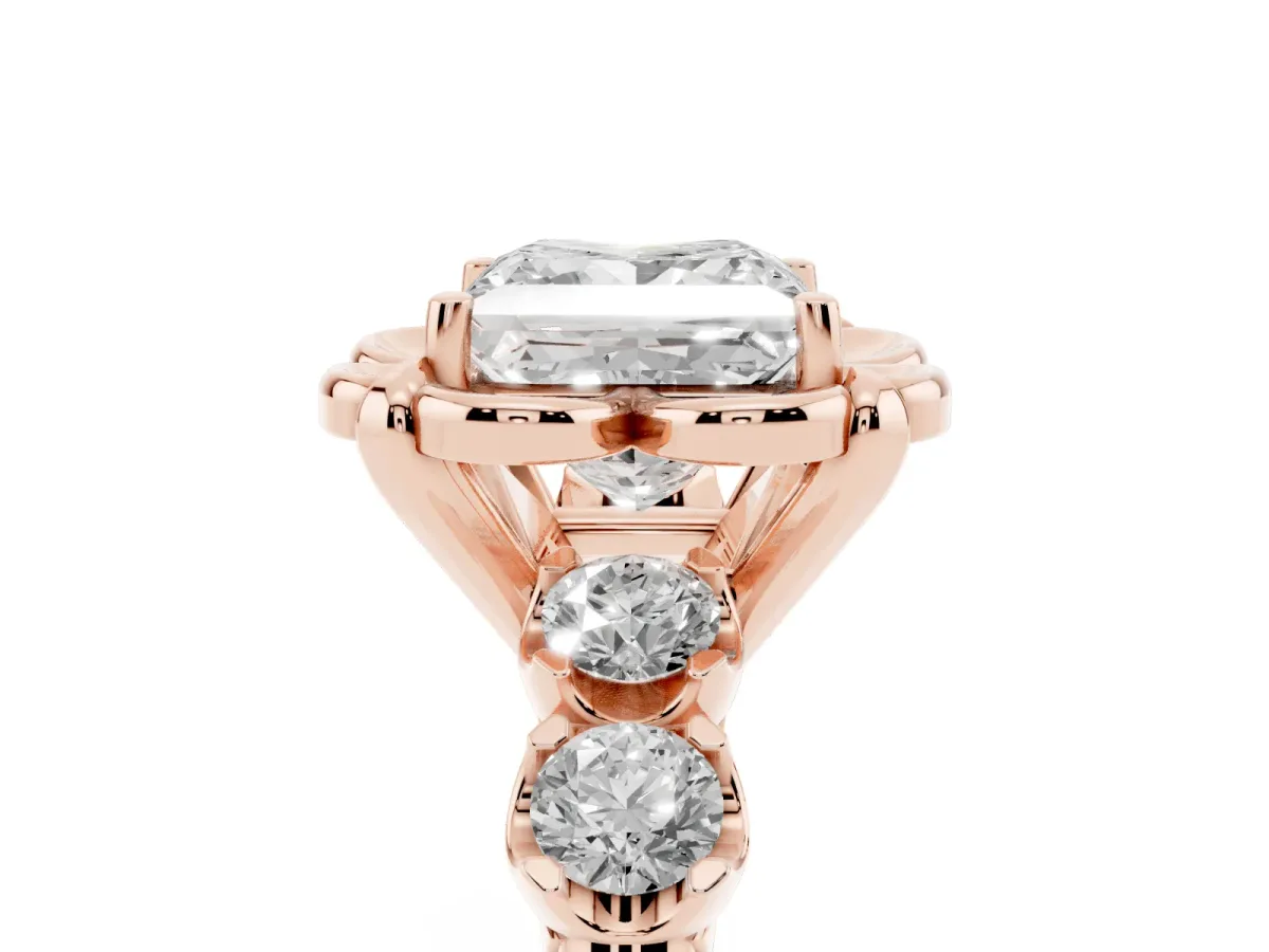 Princess Cut Cut Diamond Floral Halo Engagement Ring with Shared Prong Setting Rose gold