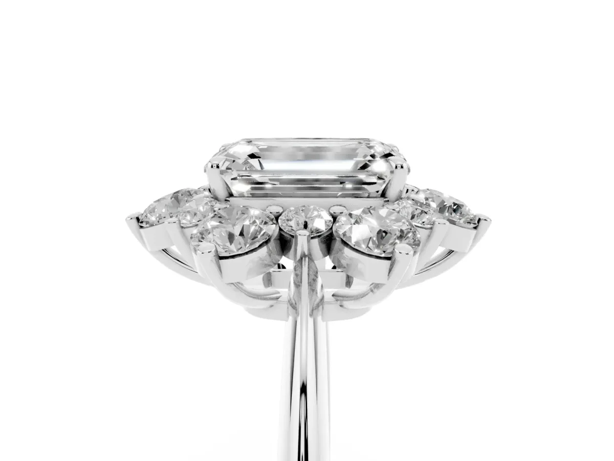 Emerald Cut Diamond Cluster Halo Ring with Solitaire Band and Four-Prong Setting Silver