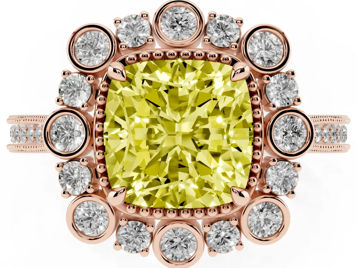 Fancy Yellow Cushion Cut Halo Milgrain Pave Diamond Ring with Four-Prong Setting Rose gold