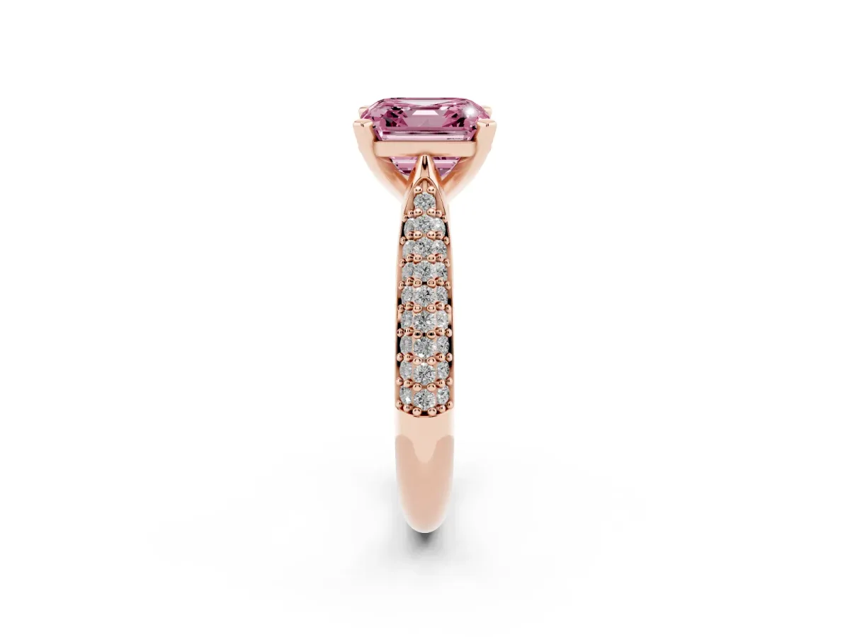 Fancy Pink Asscher Cut Diamond Solitaire Engagement Ring with Multi-Row Round Pavé Band and Prong Setting Rose gold