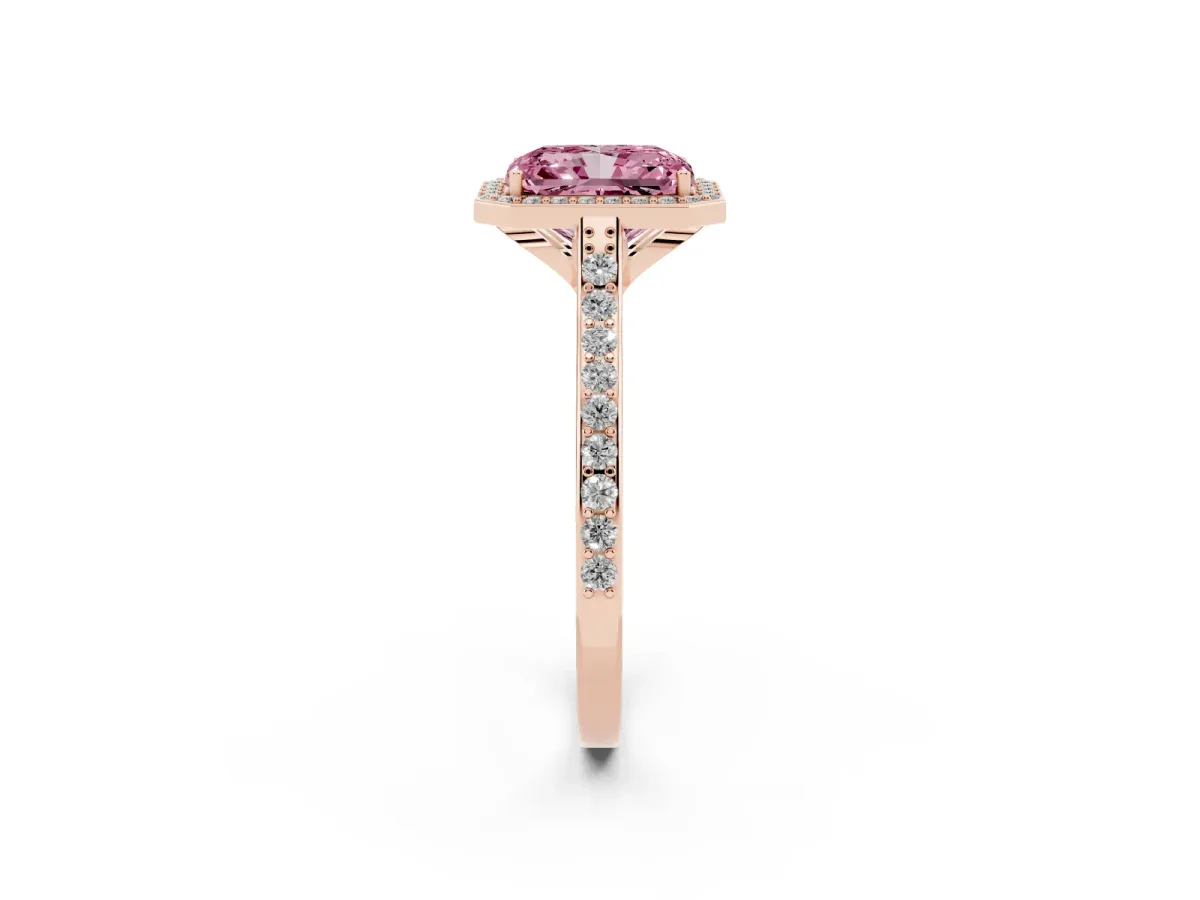 Fancy Pink Radiant Cut Diamond Halo Engagement Ring with Round Pavé Shoulders and Prong Setting Rose gold