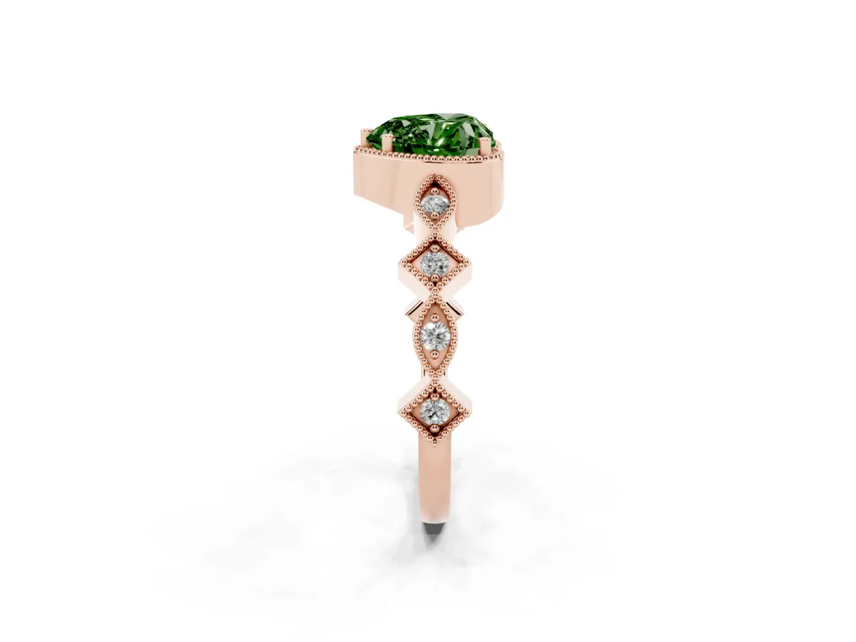 Fancy Green Heart Cut Milgrain Marquise Diamond Twist Band Ring Rose gold