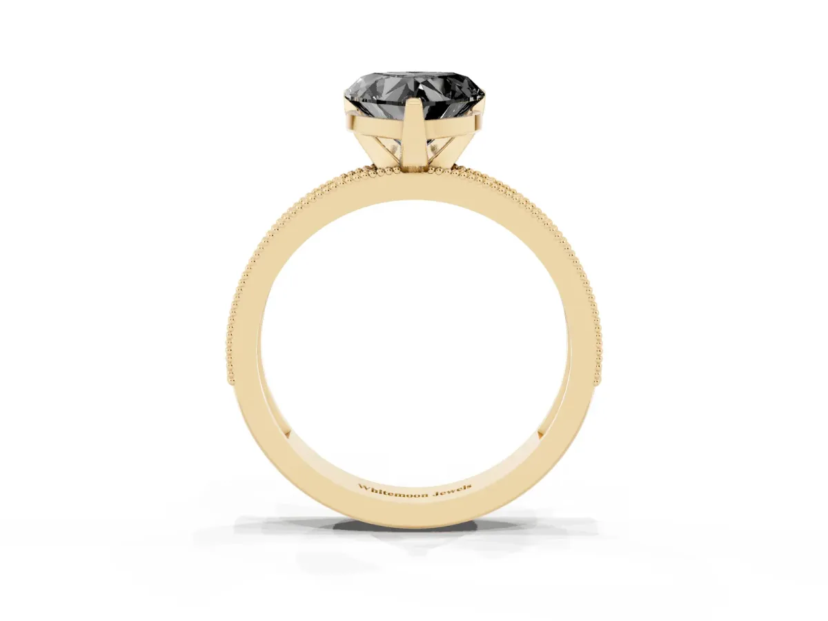 Fancy Black Heart Cut Diamond Milgrain Pavé Engagement Ring with Four-Prong Setting Yellow gold