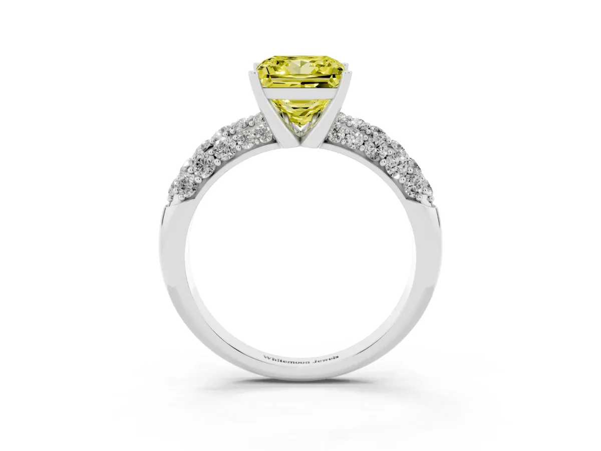 Fancy Yellow Princess Cut Diamond Pavé Band Solitaire Ring with Four-Prong Setting Platinum