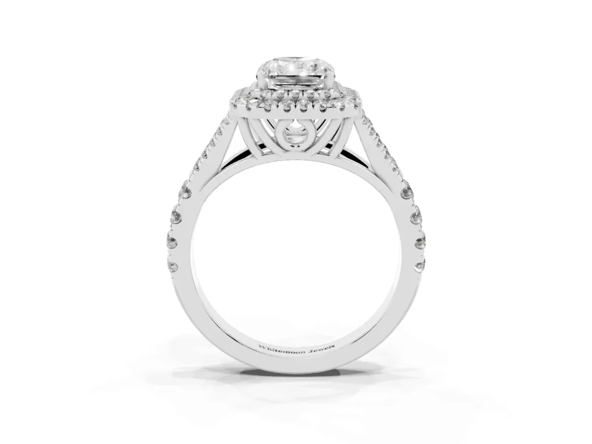 Radiant Cut Diamond Double Halo Ring with Split Shank and Prong Setting Platinum