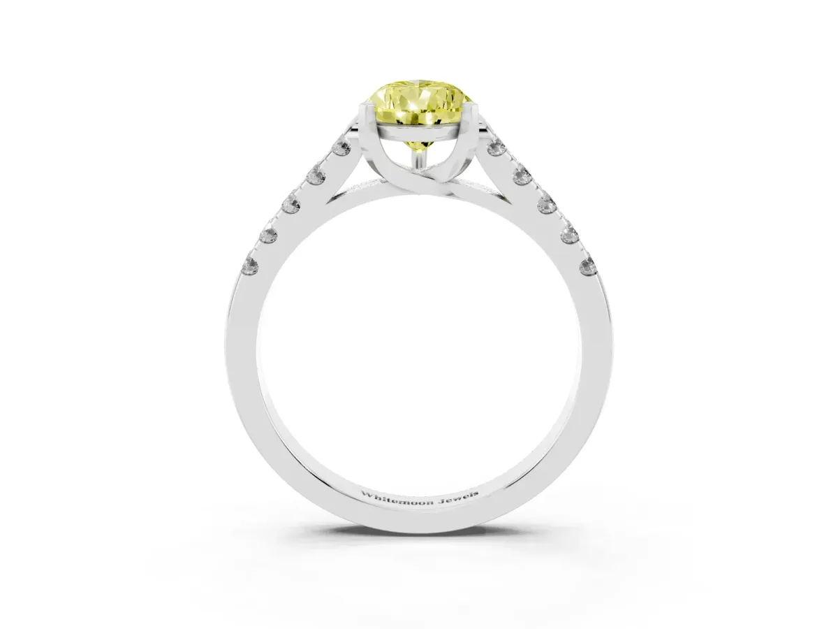 Fancy Yellow Pear Cut Diamond Pavé Band Solitaire Ring with Prong Setting Silver