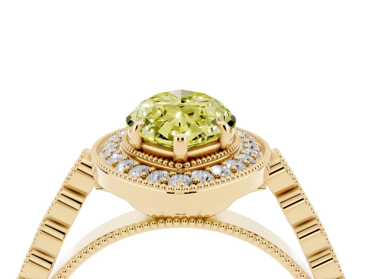 Fancy Yellow Marquise Cut Halo Milgrain Solitaire with Bezel Set Side Stones and Pave Band Yellow gold