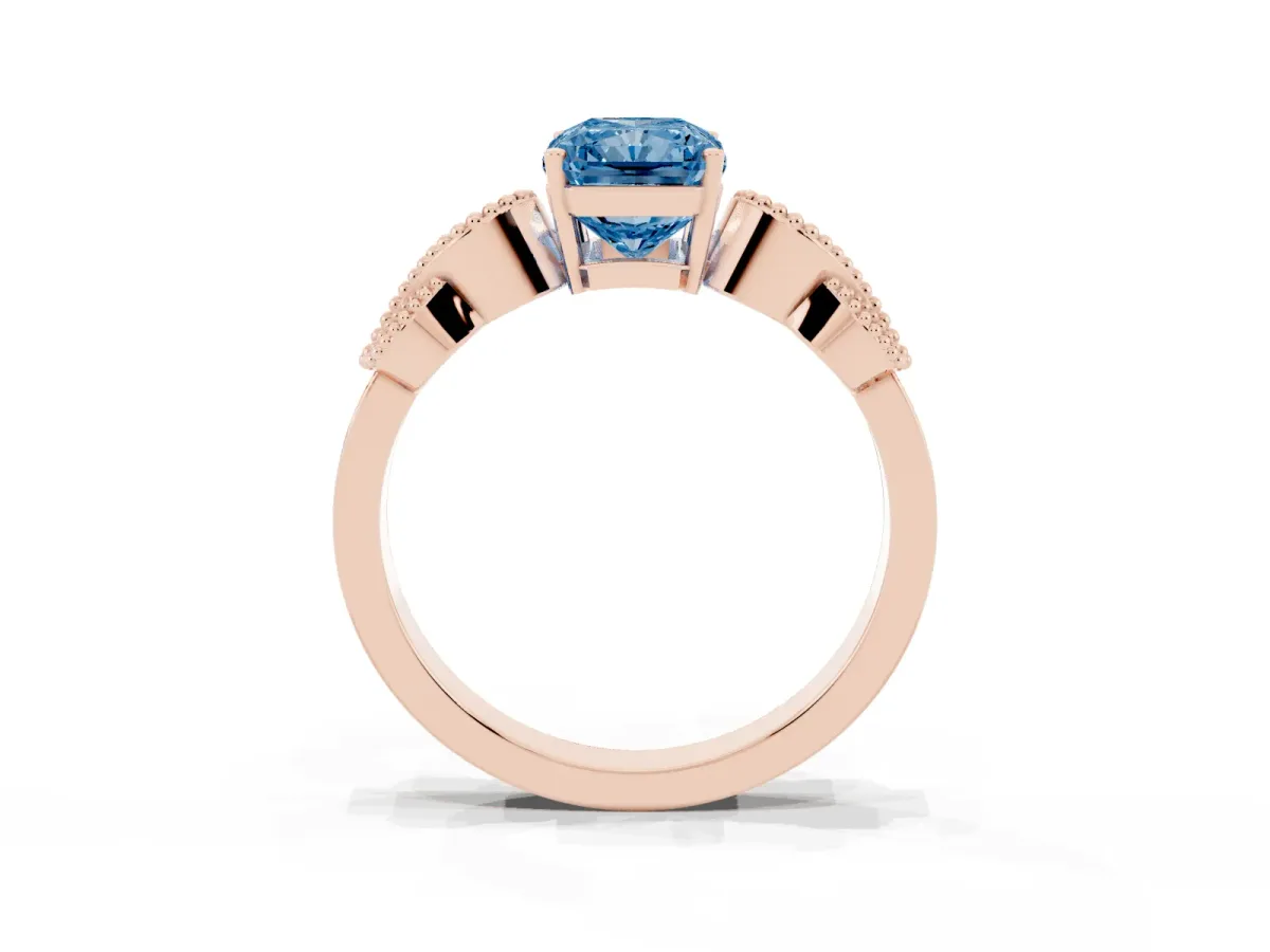 Fancy Blue Princess Cut Solitaire Milgrain Leaf Band with Prong Setting Rose gold