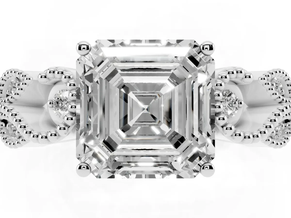 Asscher Cut Solitaire Milgrain Leaf Band with Prong Setting White gold