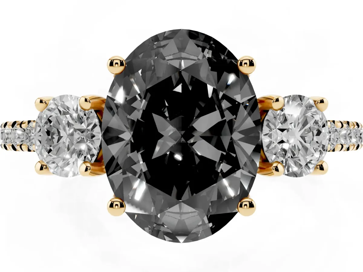 Fancy Black Three-Stone Oval Cut Cut Diamond Pavé Band with Prong Setting Yellow gold