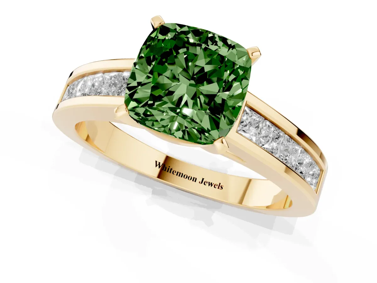 Fancy Green Cushion Cut Solitaire Diamond Ring with Channel-Set Band and Four-Prong Setting Yellow gold