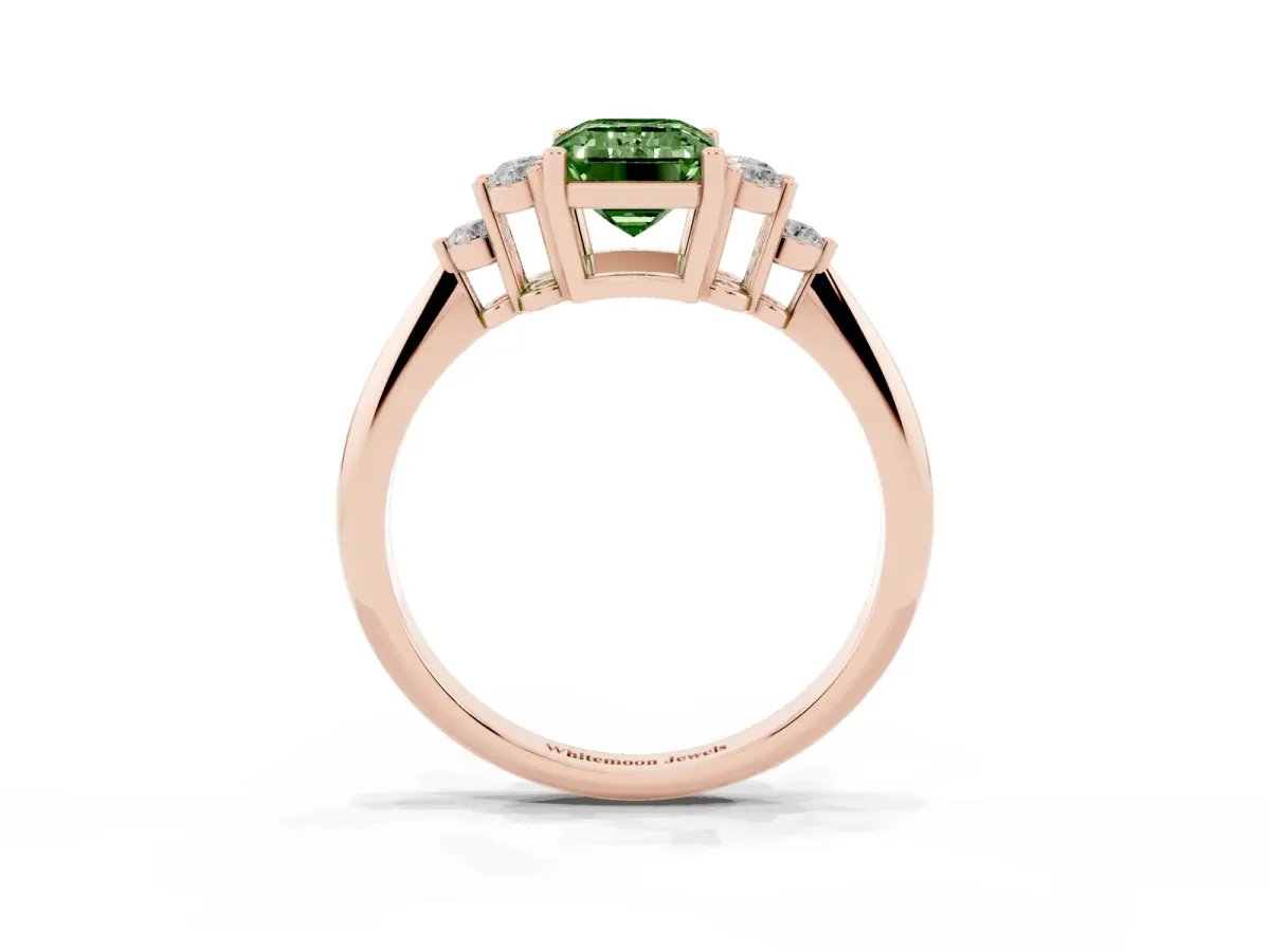 Fancy Green Emerald Cut Cut Diamond Cluster Ring with Solitaire Band and Four-Prong Setting Rose gold