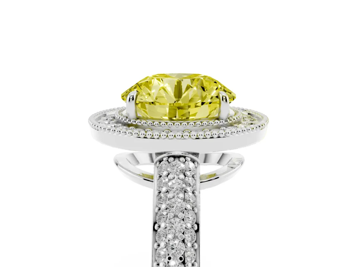 Fancy Yellow Round Cut Cut Halo Diamond Pave Band with Four-Prong Setting Silver