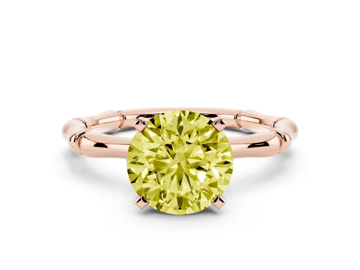Fancy Yellow Round Cut Solitaire Diamond Ring with Bamboo Band and Four-Prong Setting Rose gold