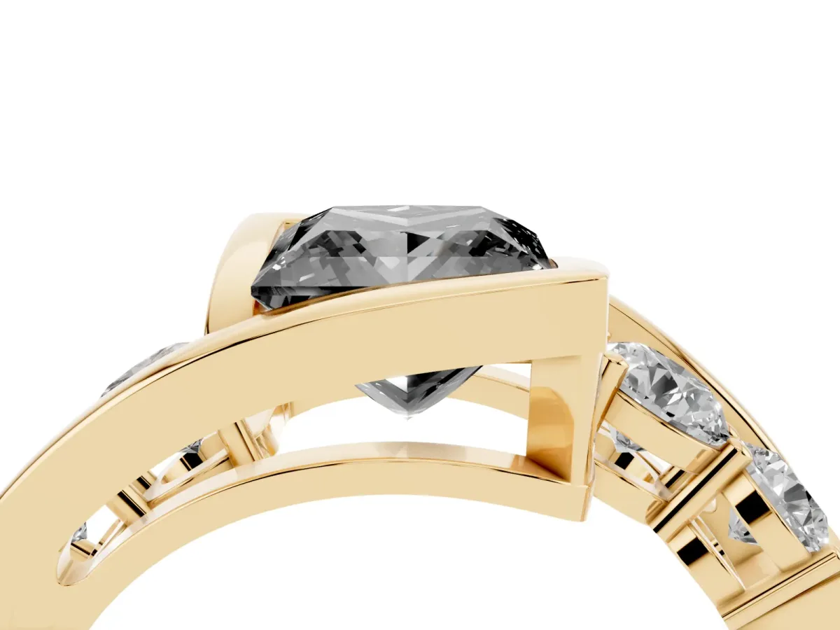 Fancy Black Bezel Set Princess Cut Diamond Bypass Ring with Round Accents Yellow gold