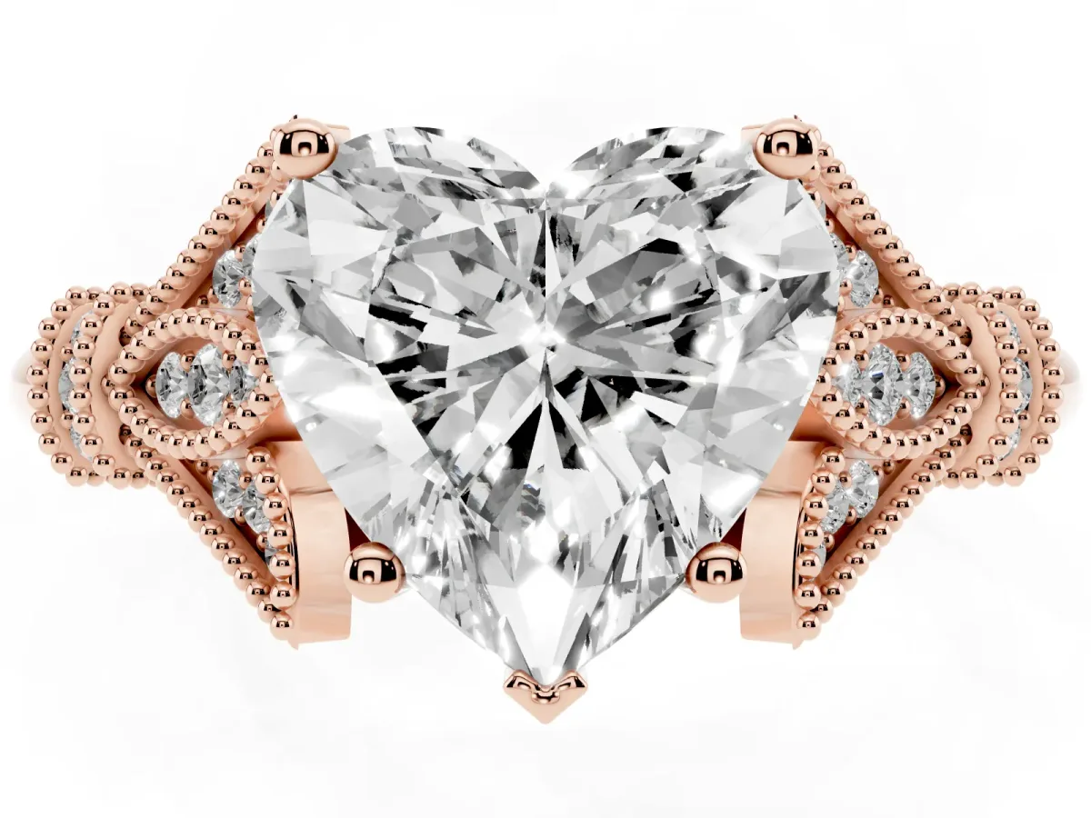 Heart Cut Diamond Solitaire Ring with Floral Filigree and Pave Accents Rose gold