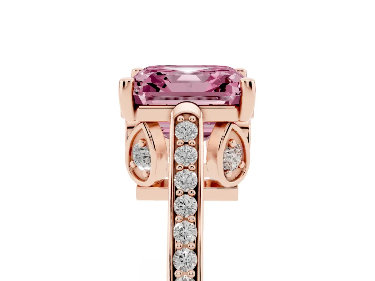 Fancy Pink Asscher Cut Cut Cathedral Pave Diamond Engagement Ring with Six-Prong Setting Rose gold