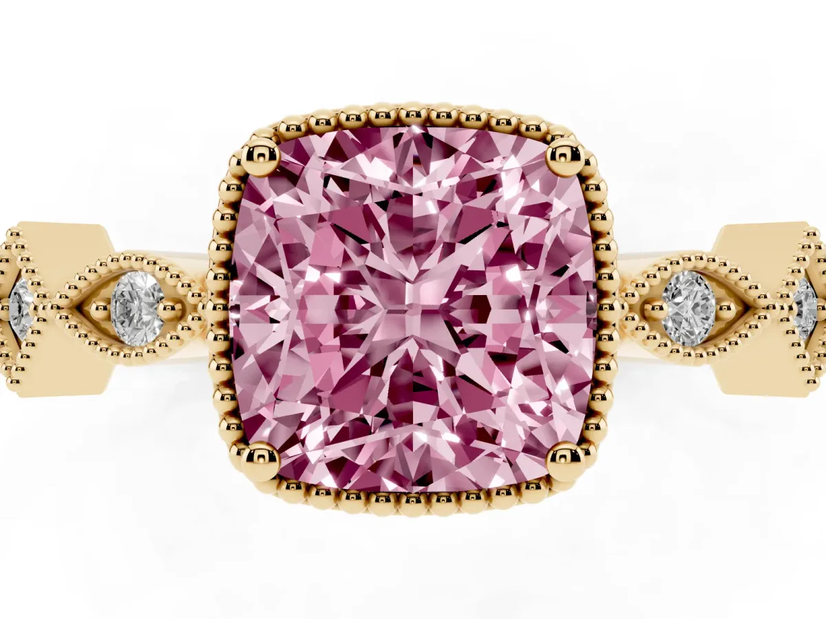 Fancy Pink Cushion Cut Milgrain Marquise Diamond Twist Band Ring Yellow gold